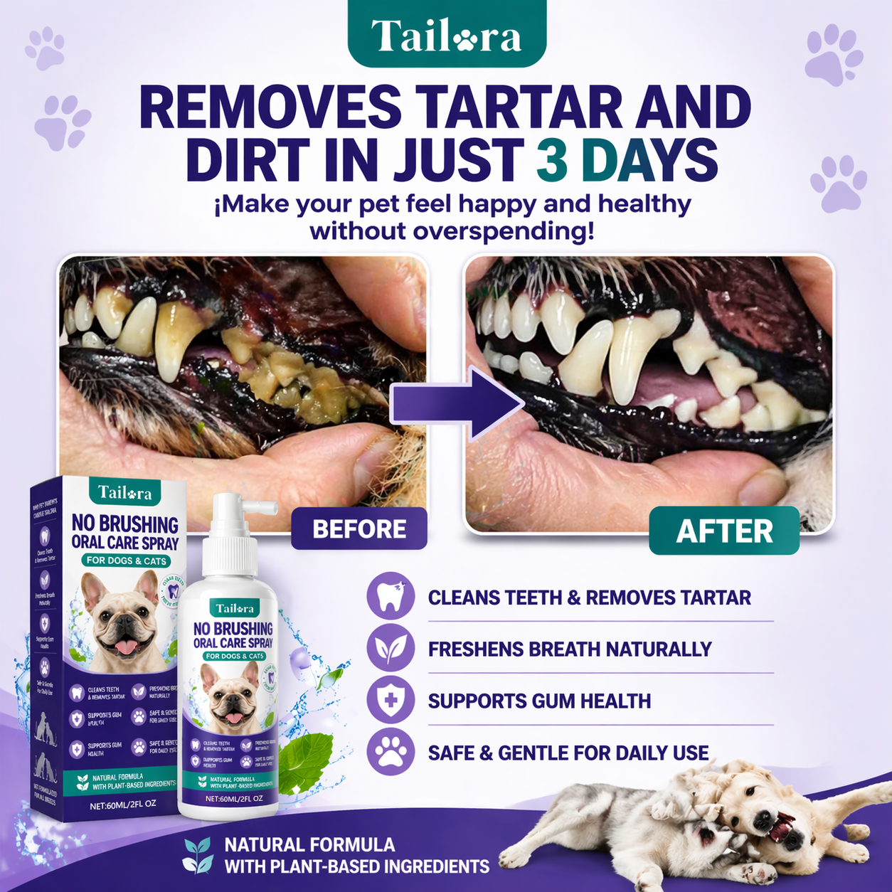 TAILORA™ 🍃 Instant Fresh Breath Spray — No Brushing for Dogs & Cats