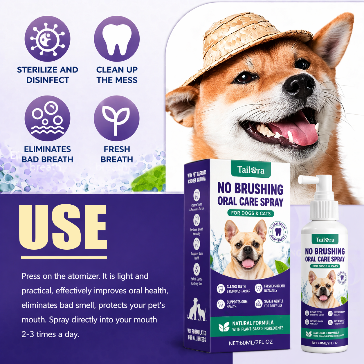 TAILORA™ 🍃 Instant Fresh Breath Spray — No Brushing for Dogs & Cats