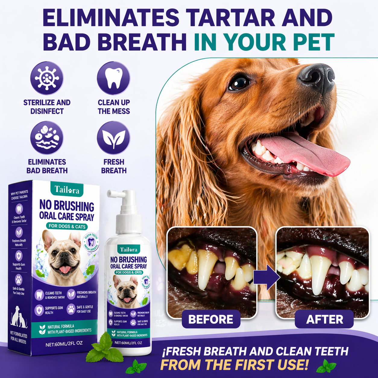 TAILORA™ 🍃 Instant Fresh Breath Spray — No Brushing for Dogs & Cats