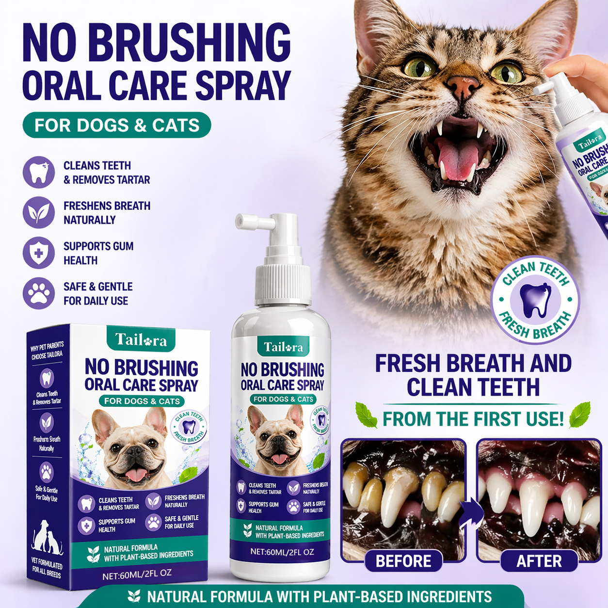 TAILORA™ 🍃 Instant Fresh Breath Spray — No Brushing for Dogs & Cats
