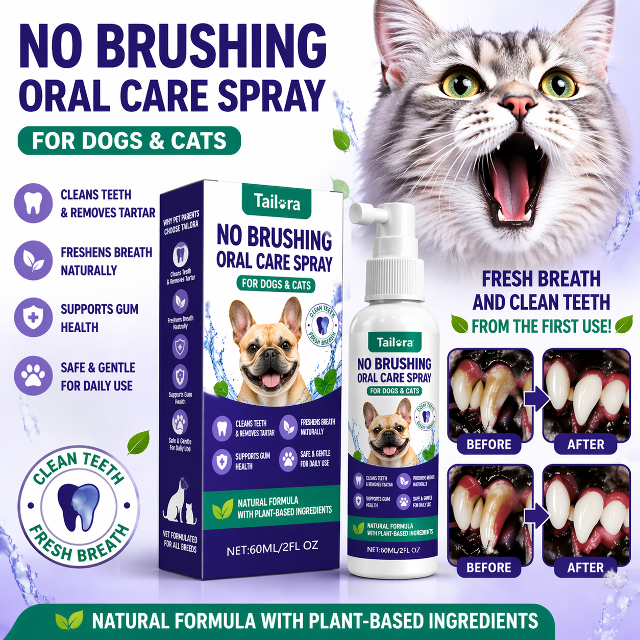 TAILORA™ 🍃 Instant Fresh Breath Spray — No Brushing for Dogs & Cats